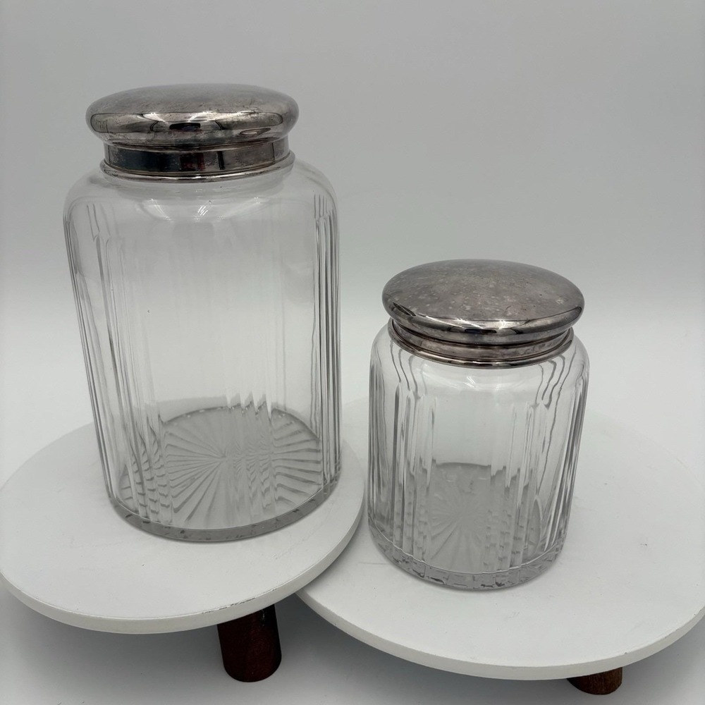 Two Piece Vintage Hoosier Ribbed Glass Canister Set 7" & 5" Silver Plate Lids‎